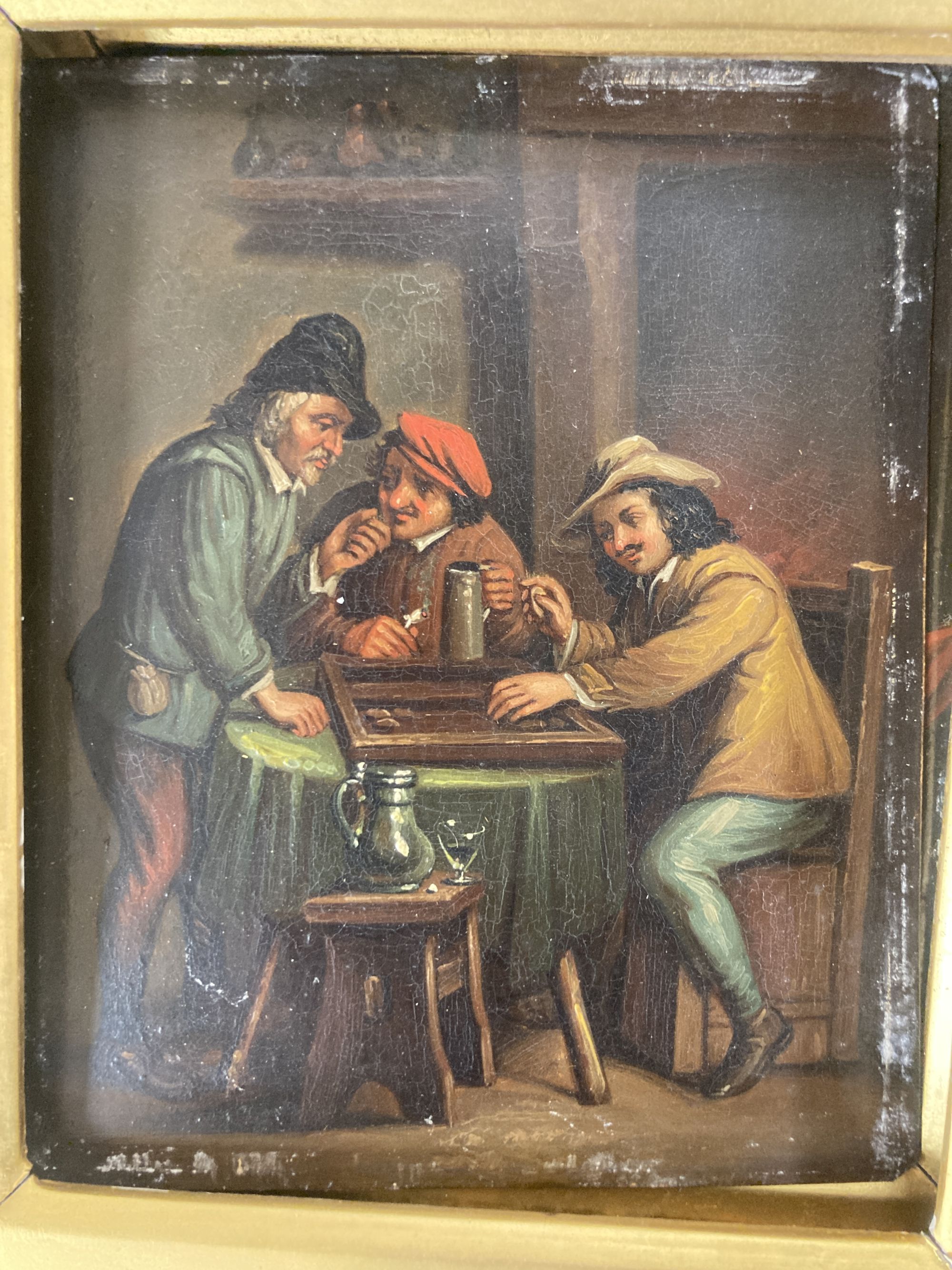 19th century German School, pair of oils on zinc, 17th interiors with figures playing games, 20 x 16cm and a small watercolour landscap